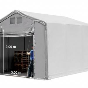 Professzionális ponyvacsarnok raktársátor 4×6 m, 24 m², 3,00 m oldalmagassággal, felhúzható és cipzáras kapuval, PVC ponyvával és teljesen horganyzott acélvázzal – szürke
