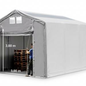 Professzionális ponyvacsarnok raktársátor 4×6 m, 24 m², 3,00 m oldalmagassággal, felhúzható kapuval, tetőablakkal, PVC ponyvával és teljesen horganyzott acélvázzal – szürke