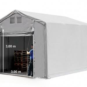 Professzionális ponyvacsarnok raktársátor 4×6 m, 24 m², 3,00 m oldalmagassággal, lángálló PRIMEtex PVC ponyvával, felhúzható kapuval és teljesen horganyzott acélvázzal – szürke