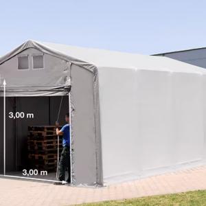 Professzionális ponyvacsarnok raktársátor 4×8 m, 32 m², 3,00 m oldalmagassággal, felhúzható és cipzáras kapuval, PVC ponyvával és teljesen horganyzott acélvázzal – szürke