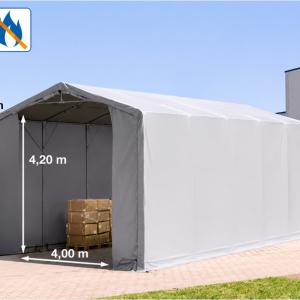 Professzionális ponyvacsarnok raktársátor 5 × 10 m, 50 m² alapterülettel, 4,00 m oldalmagassággal, két standard cipzáras bejárattal szürke, lángálló PRIMEtex ponyvával