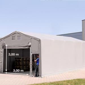 Professzionális ponyvacsarnok raktársátor 5×10 m, 50 m², 3,00 m oldalmagassággal, lángálló PVC ponyvával, felhúzható kapuval és teljesen horganyzott acélvázzal – szürke