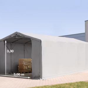 Professzionális ponyvacsarnok raktársátor 5×10 m, 50 m², 3,00 m oldalmagassággal, lángálló PVC ponyvával, két cipzáras kapuval és teljesen horganyzott acélvázzal – szürke