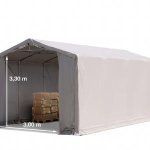 Professzionális ponyvacsarnok raktársátor 5×8 m, 40 m², 3,00 m oldalmagassággal, két cipzáras kapuval, PVC ponyvával és teljesen horganyzott acélvázzal – szürke