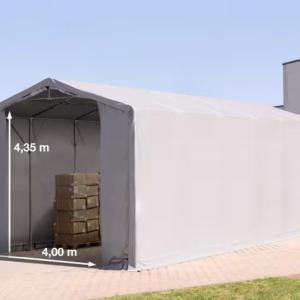 Professzionális ponyvacsarnok raktársátor 6 × 12 m, 72 m² alapterülettel, 4,00 m oldalmagassággal, két cipzáras bejárattal, szürke PVC ponyvával