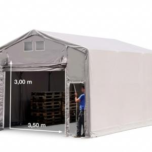 Professzionális ponyvacsarnok raktársátor 6×6 m, 36 m², 3,00 m oldalmagassággal, felhúzható kapuval, személybejáróval, PVC ponyvával és teljesen horganyzott acélvázzal – szürke
