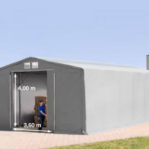 Professzionális ponyvacsarnok, raktársátor 8 × 12 m, 96 m² alapterülettel, 4,00 m oldalmagassággal, tolókapuval, cipzáras bejárattal, tetőablakkal szürke, lángálló PRIMEtex ponyvával