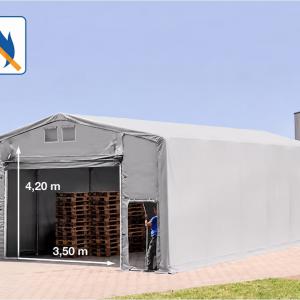 Professzionális ponyvacsarnok raktársátor 8 × 16 m, 128 m² alapterülettel, 4,00 m oldalmagassággal, felhúzható kapuval, cipzáras személyi bejárattal szürke, lángálló PRIMEtex ponyvával