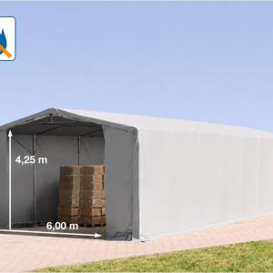 Professzionális ponyvacsarnok, raktársátor 8 × 16 m, 128 m² alapterülettel, 4,00 m oldalmagassággal, standard cipzáras bejárattal, szürke, lángálló PRIMEtex ponyvával