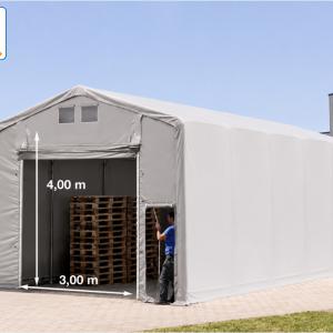 Professzionális ponyvacsarnok, raktársátor ipari sátor 5 × 10 m, 50 m² alapterülettel, 4,00 m oldalmagassággal, felhúzható kapuval, személyi bejárattal  szürke, lángálló PRIMEtex ponyvával