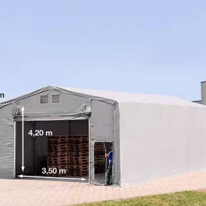 Professzionális ponyvacsarnok, raktársátor  ipari sátor 8 × 10 m, 80 m² alapterülettel, 4,00 m oldalmagassággal, felhúzható kapuval, személyi bejárattal, szürke PVC ponyvával
