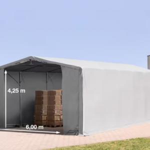 Professzionális ponyvacsarnok, raktársátor ipari sátor 8 × 12 m, 96 m² alapterülettel, 4,00 m oldalmagassággal, két standard cipzáras kapuval, szürke PVC ponyvával