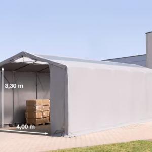 Professzionális ponyvacsarnok raktársátor, tárolósátor 6×12 m, 72 m², 3,00 m oldalmagassággal, cipzáras kapuval, tetőablakkal, PVC ponyvával és teljesen horganyzott acélvázzal – szürke