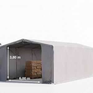 Professzionális ponyvacsarnok raktársátor, tárolósátor 8×10 m, 80 m², 3,60 m oldalmagassággal, két cipzáras kapuval, PVC ponyvával és teljesen horganyzott acélvázzal – szürke