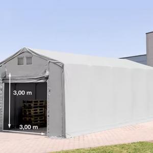 Professzionális PVC ponyvacsarnok raktársátor 4×12 m, 48 m², 3,00 m oldalmagassággal, felhúzható kapuval és teljesen horganyzott acélvázzal – szürke