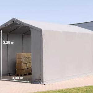Professzionális PVC ponyvacsarnok raktársátor 4×8 m, 32 m², 3,00 m oldalmagassággal, cipzáras kapuval és teljesen horganyzott acélvázzal – szürke