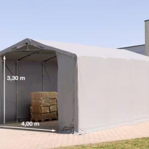 Professzionális PVC ponyvacsarnok raktársátor 6×8 m, 48 m², 3,00 m oldalmagassággal, standard bejárattal, teljesen horganyzott acélvázzal – szürke