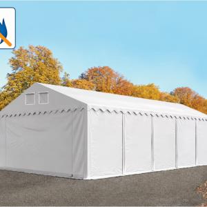 Professzionális raktársátor  6 × 20 m, 120 m² alapterülettel, 2,60 m oldalmagassággal, megerősített, horganyzott acélszerkezettel, padlókerettel, két cipzáras bejárattal fehér, lángálló PVC ponyvával