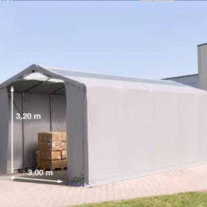 Professzionális raktársátor csarnoksátor, ipari tároló sátor 4×12 m, 48 m², 3,00 m oldalmagassággal, átlátszó tetőablakkal, PVC ponyvával, cipzáras kapuval és teljesen horganyzott acélvázzal – szürke