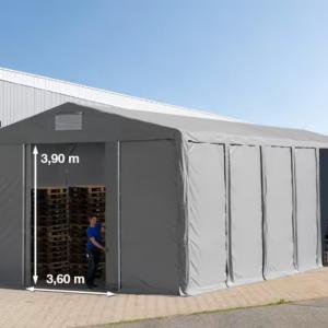 Professzionális raktársátor és ipari sátor 8 × 12 m, 96 m² alapterülettel, 4,00 m oldalmagassággal, horganyzott acélvázzal, tolókapuval, szürke PVC ponyvával