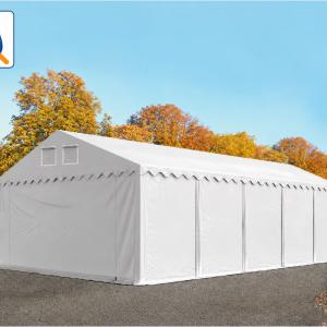 Professzionális raktársátor és tárolósátor 6 × 8 m, 48 m² alapterülettel, 2,60 m oldalmagassággal, horganyzott acélszerkezettel, padlókerettel, két cipzáras bejárattal  fehér, lángálló PVC ponyvával
