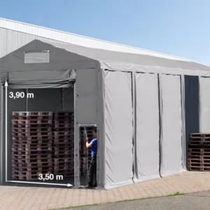 Professzionális raktársátor ipari sátor 6 × 12 m, 72 m² alapterülettel, 4,00 m oldalmagassággal, felhúzható kapuval, személyi bejárattal, szürke PVC ponyvával