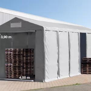Professzionális raktársátor ipari sátor 6 × 12 m, 72 m² alapterülettel, 4,00 m oldalmagassággal, két standard cipzáras bejárattal, szürke PVC ponyvával