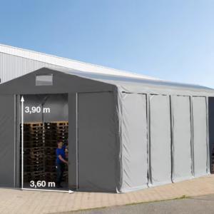 Professzionális raktársátor ipari sátor 8 × 12 m, 96 m² alapterülettel, 4,00 m oldalmagassággal, horganyzott acélvázzal, tolókapuval, cipzáras bejárattal, tetőablakokkal és szürke PVC ponyvával