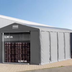 Professzionális raktársátor  ipari sátor 8 × 24 m, 192 m² alapterülettel, 4,00 m oldalmagassággal, két cipzáras bejárattal, tetőablakokkal, szürke PVC ponyvával
