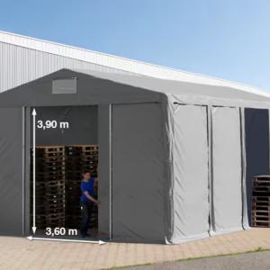 Professzionális raktársátor, ipari sátor 8 × 8 m – 64 m², 4,00 m oldalmagassággal, tolókapuval, szürke PVC ponyvával és extra megerősített horganyzott acélszerkezettel