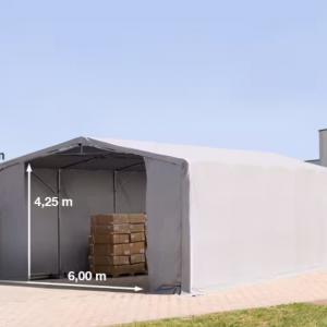 Professzionális raktársátor  ponyvacsarnok 8 × 10 m, 80 m² alapterülettel, 4,00 m oldalmagassággal, cipzáras bejáratokkal, szürke PVC ponyvával