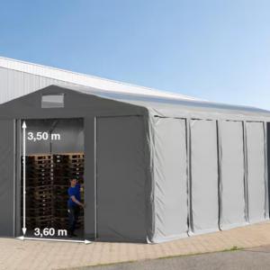 Professzionális raktársátor, tároló sátor 8x12m oldalmagasság 3,60 m ponyva PVC szürke (96m2) TETŐABLAKKAL, TOLÓKAPUVAL