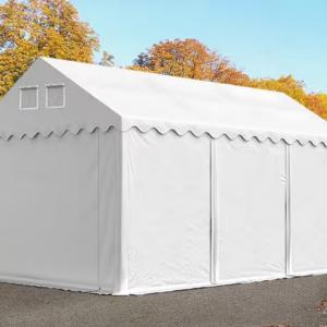 Professzionális raktársátor tárolósátor 3 × 6 m, 18 m², 2,60 m oldalmagassággal, megerősített horganyzott acélvázzal, padlókerettel, két cipzáras bejárattal fehér PVC ponyváva