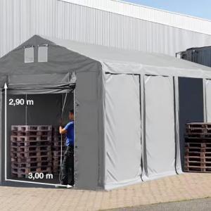 Professzionális raktársátor, tárolósátor, ipari sátor 4x8m oldalmagasság 3,00m felhúzható kapuval  ponyva PVC  szürke