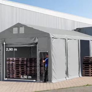Professzionális raktársátor, tárolósátor ipari sátor 6x8m oldalmagasság 3,00m felhúzható kapuval ponyva PVC szürke