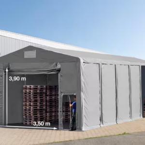 Professzionális raktársátor, tárolósátor  ipari sátor 8 × 12 m, 96 m² alapterülettel, 4,00 m oldalmagassággal, felhúzható kapuval, cipzáras bejárattal, személyi ajtóval, szürke PVC ponyvával