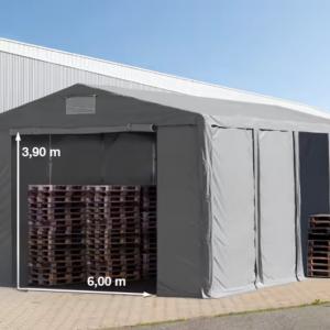 Professzionális raktársátor, tárolósátor  ipari sátor 8 × 8 m, 64 m² alapterülettel, 4,00 m oldalmagassággal, két standard cipzáras bejárattal, szürke PVC ponyvával