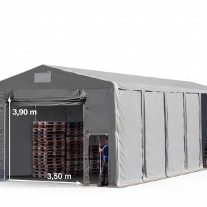 Professzionális  raktársátor, tárolósátor ipari sátor horganyzotta acélvázzal,  8x16 m oldalmagasság 4,00m, felhúzható kapuval ponyva PVC  szürke