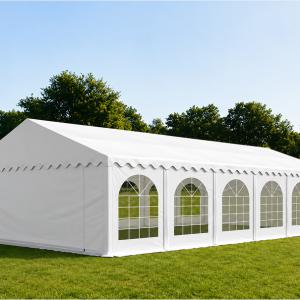 Professzionális rendezvénysátor, partisátor 6 × 12 m, 72 m², lángálló fehér PVC ponyvával, teljesen horganyzott megerősített acélszerkezettel, extra tetőmerevítéssel és stabil padlókerettel