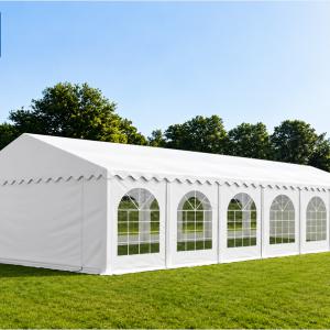 Professzionális rendezvénysátor, partisátor 6 × 14 m, 84 m², lángálló fehér PVC ponyvával, teljesen horganyzott erősített acélszerkezettel, kiegészítő tetőmerevítéssel és stabil padlókerettel