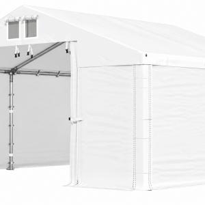 Professzionális tárolósátor 4 × 4 m – 16 m², PVC fehér  ponyvával, két magas bejárattal és horganyzott acélszerkezettel