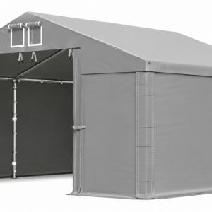 Professzionális tárolósátor 4 × 4 m – 16 m², PVC szürke ponyvával, két magas bejárattal és horganyzott acélszerkezettel