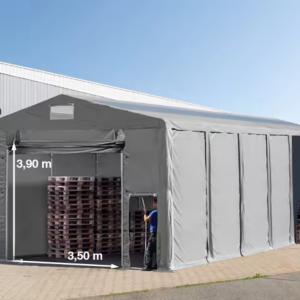 Professzionális tárolósátor, raktársátor ipari sátor 8 × 12 m, 96 m² alapterülettel, 4,00 m oldalmagassággal, felhúzható kapuval, tetőablakkal, személyi bejárattal és szürke PVC ponyvával
