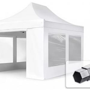PROFI alumínium pop-up összecsukható pavilon és rendezvénysátor 3 × 4,5 m, 13,5 m², 4 db panorámaablakos oldalfallal, 100%-ban vízálló PVC-bevonatú ponyvával, 40 mm-es alumíniumvázzal