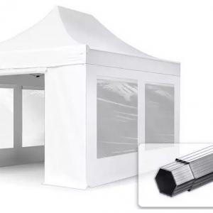 PROFI ALUMÍNIUM  Pop-up összecsukható pavilon, rendezvénysátor ollómechanikával, panorámaablakkal 3x4,5 m ponyva PVC 800  4db oldalfallal