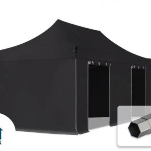 PROFI pop-up összecsukható pavilon  3 × 6 m, 18 m², fekete vízálló PVC ponyvával, 4 db ablak nélküli oldalfallal, 40 mm-es porfestett acélvázzal, ollómechanikával és 5 fokozatban állítható magassággal