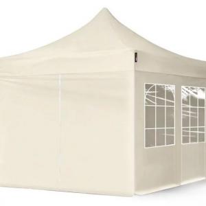 PROFI pop-up összecsukható pavilon és rendezvénysátor 3 × 3 m, 9 m², krémszínű, vízálló PVC ponyvával, 4 db oldalfallal, 30 × 30 mm-es porfestett acélvázzal, ollómechanikával, állítható magassággal