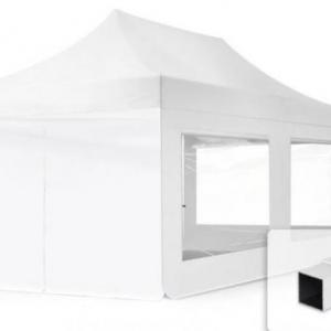 PROFI pop-up összecsukható pavilon és rendezvénysátor 3 × 6 m, 18 m², fehér PVC bevonatú ponyvával és oldalfalakkal, 30 × 30 mm-es korrózióvédett acélvázzal, 3 fokozatban állítható magassággal