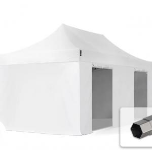 PROFI pop-up összecsukható pavilon és rendezvénysátor 3 × 6 m, 18 m², fehér vízálló PVCponyvával, 4 db ablak nélküli oldalfallal, 40 mm-es porfestett acélvázzal, ollómechanikával állítható magassággal