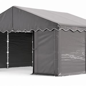 Raktársátor, tárolósátor, 3 × 4 m – 12 m², 240 g/m² PE szürke ponyvával, Ø 38 mm-es horganyzott acélcsövekkel, Ø 42 mm-es csatlakozókkal és két függöny típusú bejárattal